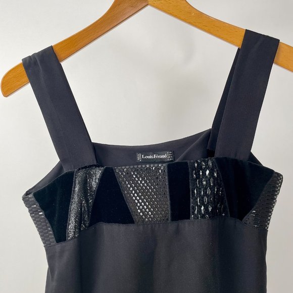 Vintage Louis Feraud Black Silk Square Neck Tank Top, Velvet/Shiny Trim, Size 12 - Picture 2 of 8